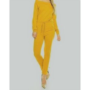 Yellow French terry off shoulder jumpsuit